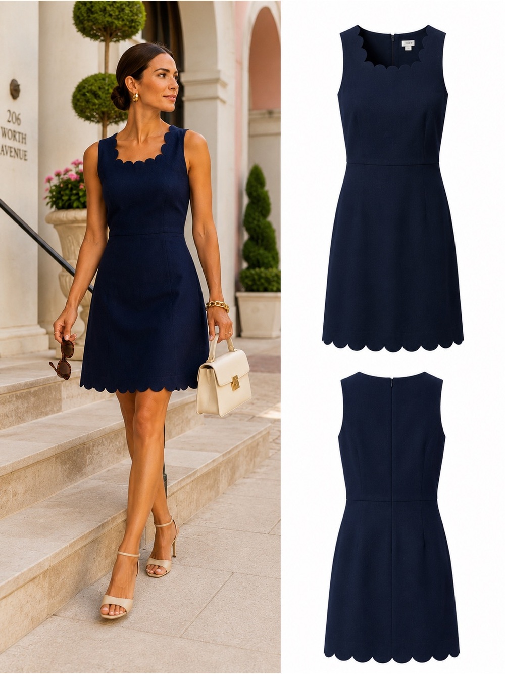 J.Crew Navy Blue Scalloped Neckline Fit & Flare Cotton Preppy Classic Dress Sz 6